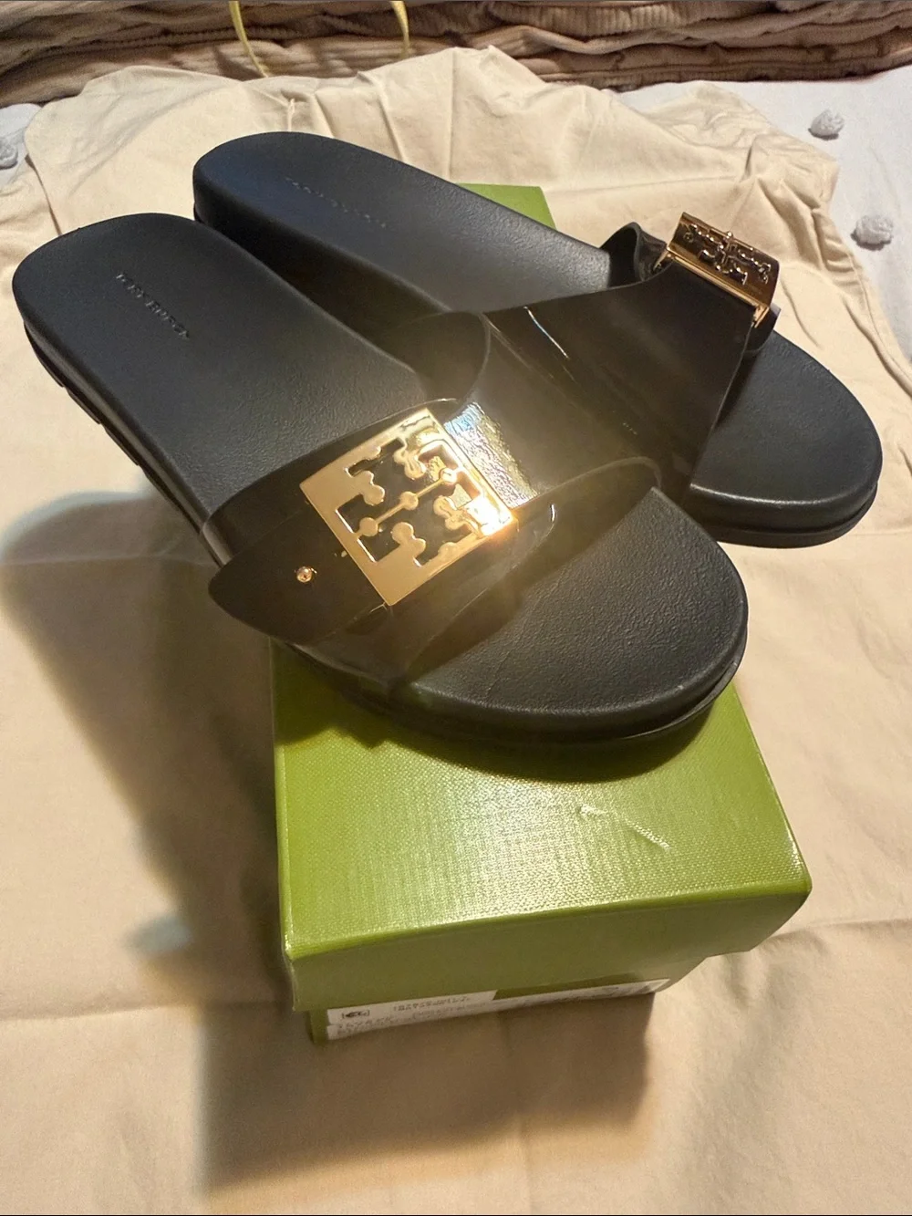 Like New Size 7 Tory Burch Black Buckle Slides with Gold Logo